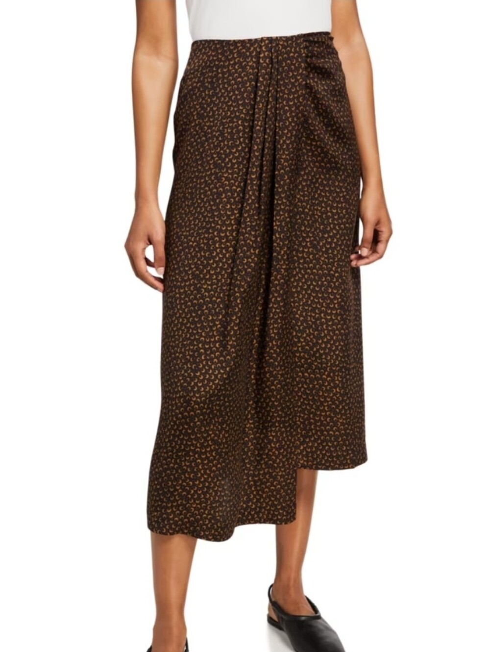 Vince Dot Brown Printed Midi Silk Blend Asymetric Drape Skirt Size 6